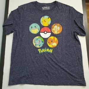 Pokemon Mens XL Navy Heather Graphic T-Shirt Pikachu Charmander Bulbasaur Meowth
